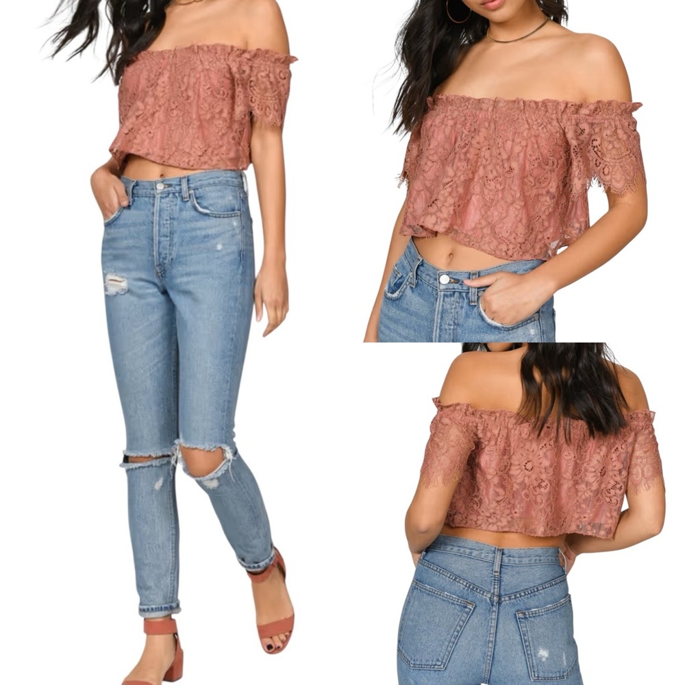 TOBI Riley Lace Bardot Crop Top Medium Cottagecore Boho Sienna Rust NWT